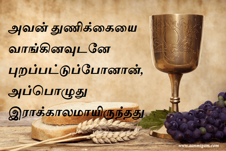 அவன் துணிக்கையை வாங்கினவுடனே புறப்பட்டுப்போனான், அப்பொழுது இராக்காலமாயிருந்தது