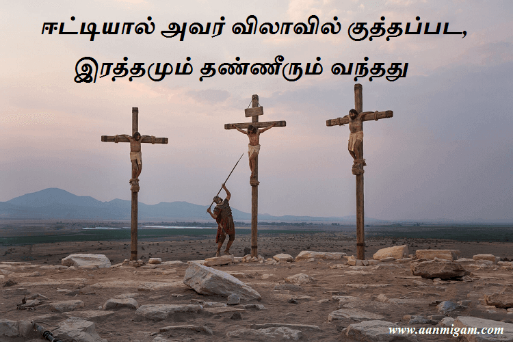 ஈட்டியால் அவர் விலாவில் குத்தப்பட, இரத்தமும் தண்ணீரும் வந்தது.